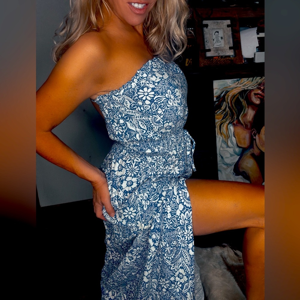 Floral Blue Strapless Dress